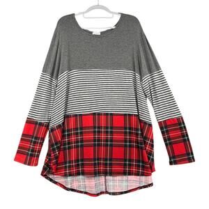 Egs California Gray Colorblock Red Plaid Striped Crew Neck Long Sleeve Top 1XL